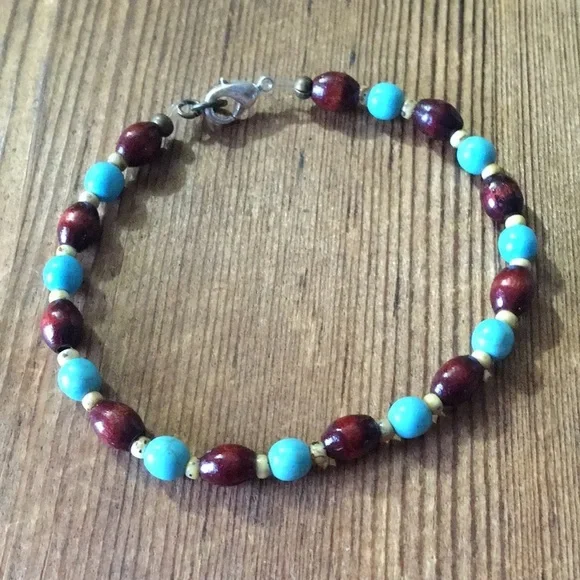 Men's 8 inches Wood and Turquoise Beaded Bracelet, Handmade Men's Bracelet - Picture 5 of 6